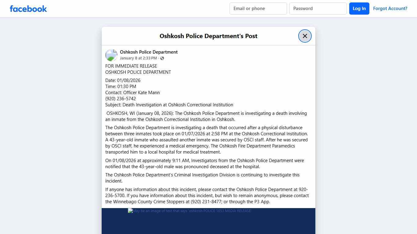 FOR IMMEDIATE RELEASE... - Oshkosh Police Department | Facebook